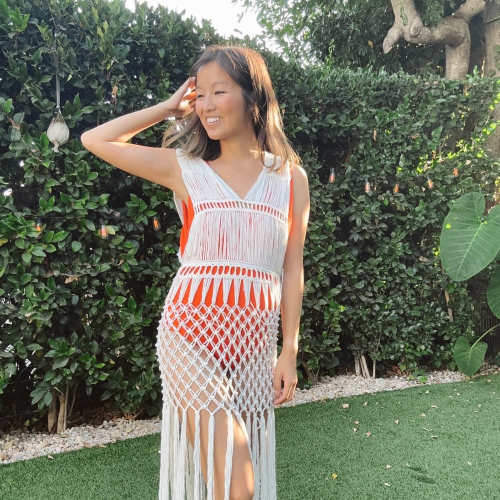 Anthropologie Ivory Fringe Knit Cover-Up